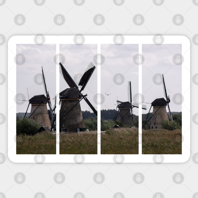 Wonderful landscapes in the Netherlands. Historic dutch windmills in Kinderdijk in a cloudy autumn day. Unesco site. Natural view from distance. Sticker by fabbroni-art